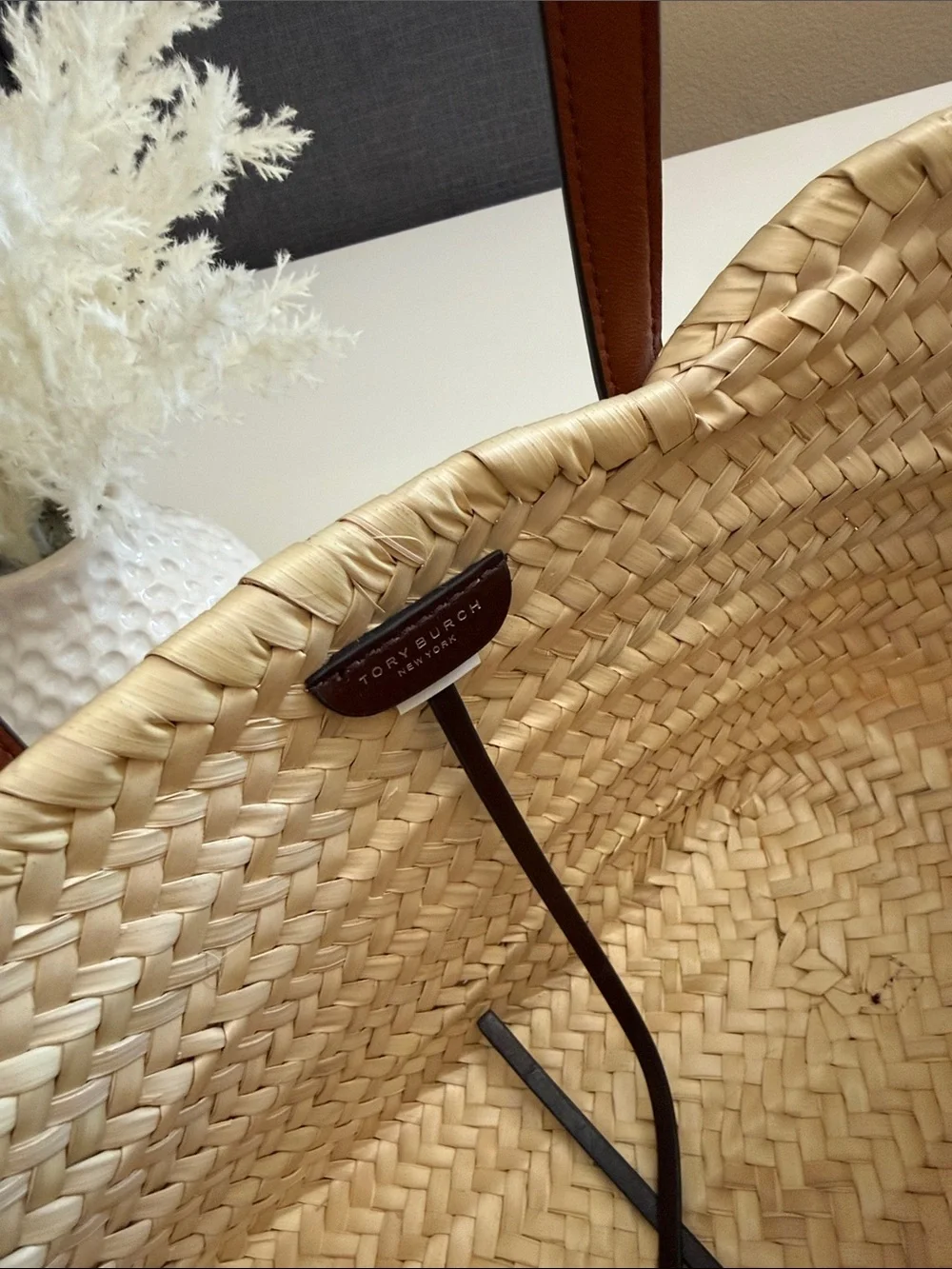 NWT , TORY BURCH ELLA STRAW SMALL BASKET SHOULDER BAG CLASSIC CUOIO